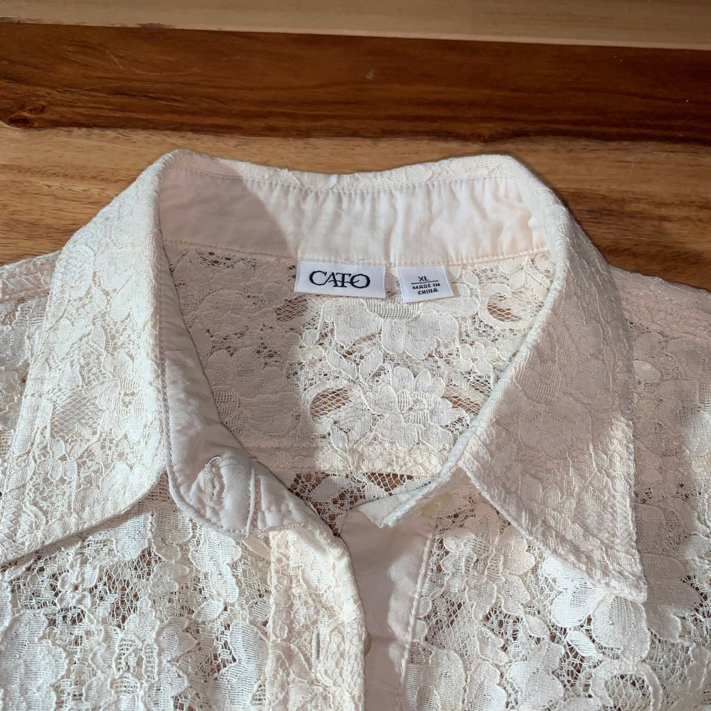 Boho Lace Floral Button Up Ivory Short Sleeve Collared Blouse Top Women's XL - Picture 6 of 8